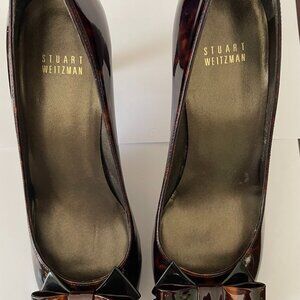 Stuart Weitzman | tortoise | patent leather |  peep toe | bow tie detail | heels